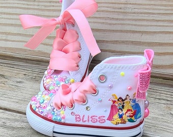 Custom Disney Princess Converse, Personalized Princess Converse For Girls, Disney Trip Converse, Aurora, Belle, Ariel, Cinderella, Tiana