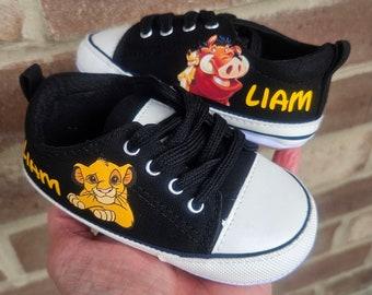 Custom Lion King Shoe For Baby Personalized Lion King Soft Sole For 3-18 Months Black Low Top Baby Sneakers With Simba Timon Pumbaa Pumba