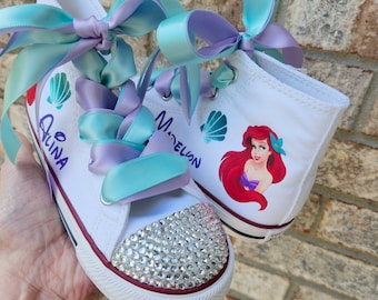 The Little Mermaid Shoes, Ariel High Tops, Genuine Converse Sneakers, Crystals Option, Toddler Girls, Personalized Name