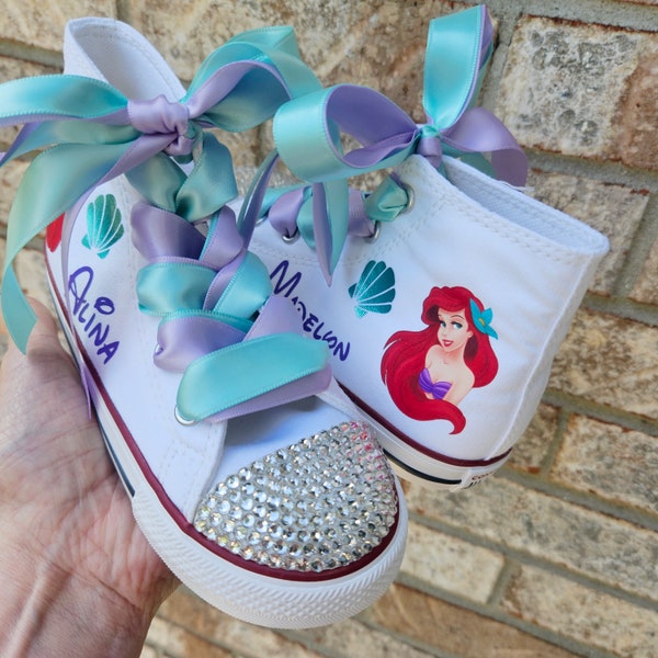 The Little Mermaid Shoes, Ariel High Tops, Genuine Converse Sneakers, Crystals Option, Toddler Girls, Personalized Name