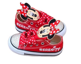 Minnie Mouse Shoes, Personalized Name, Red Low Converse Sneakers, Minnie Face, Faces, Polka Dot Laces, Crystal Toes, Glitter Name on Sides,