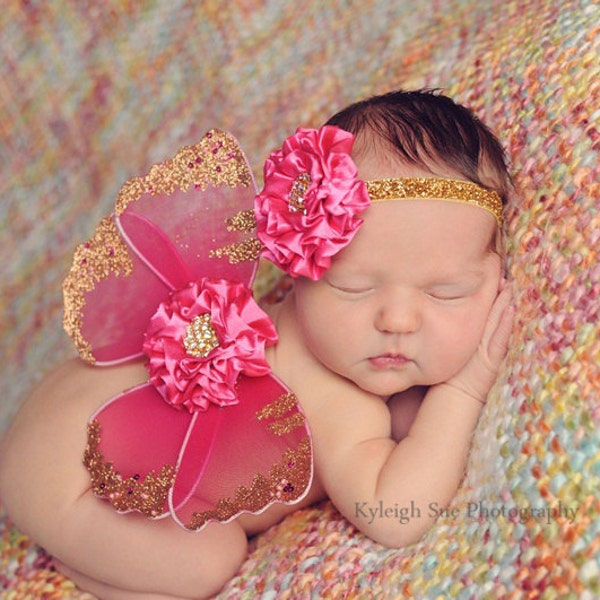 Butterfly Wings, Newborn Photo Prop, Hot Pink, Fuchsia, Ready To Ship, Last One, Gold Accents