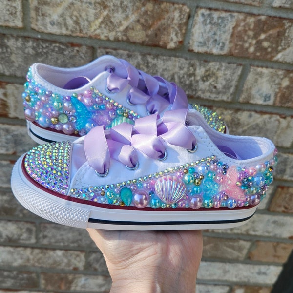 Pastel Mermaid Custom Converse, Personalized Mermaid Shoes For Girls, Low Top Converse With Bling