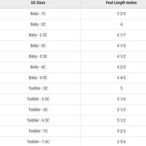 May include: A chart showing US shoe sizes for babies and toddlers, with corresponding foot length measurements in inches.