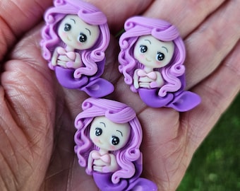 Mermaid Flatback Cabochon, Purple Mermaid Girl Resin Flat Back, 29mmx 23mm