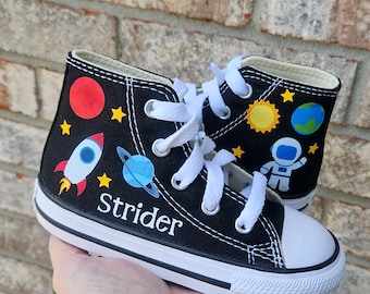 Personalized Converse Solar System, Planets, Rocket Ship, Astronaut, Name on Sides. Toddler Boy or Girl, Many Shoe Colors to Choose From