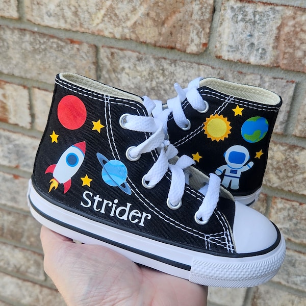 Personalized Converse Solar System, Planets, Rocket Ship, Astronaut, Name on Sides. Toddler Boy or Girl, Many Shoe Colors to Choose From