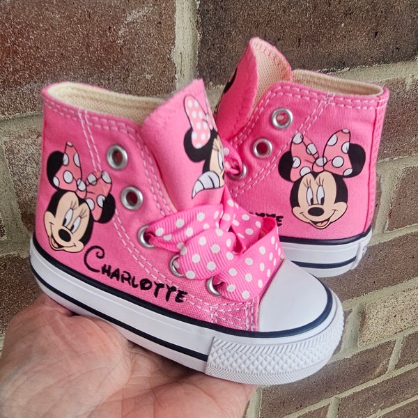 Custom Minnie Mouse Converse For Baby Toddler Girl, Pink High Top Minnie Mouse Converse