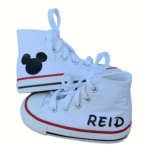 Boys Converse, White High Tops, Chuck Taylors, Mickey Mouse, Name, Personalized, Baby Toddler, Big Kids, Black Laces