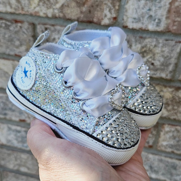 Silver Baby Shoes, Sparkly Silver High Top Soft Sole Infant Shoes 3 6 9 12 18 Months