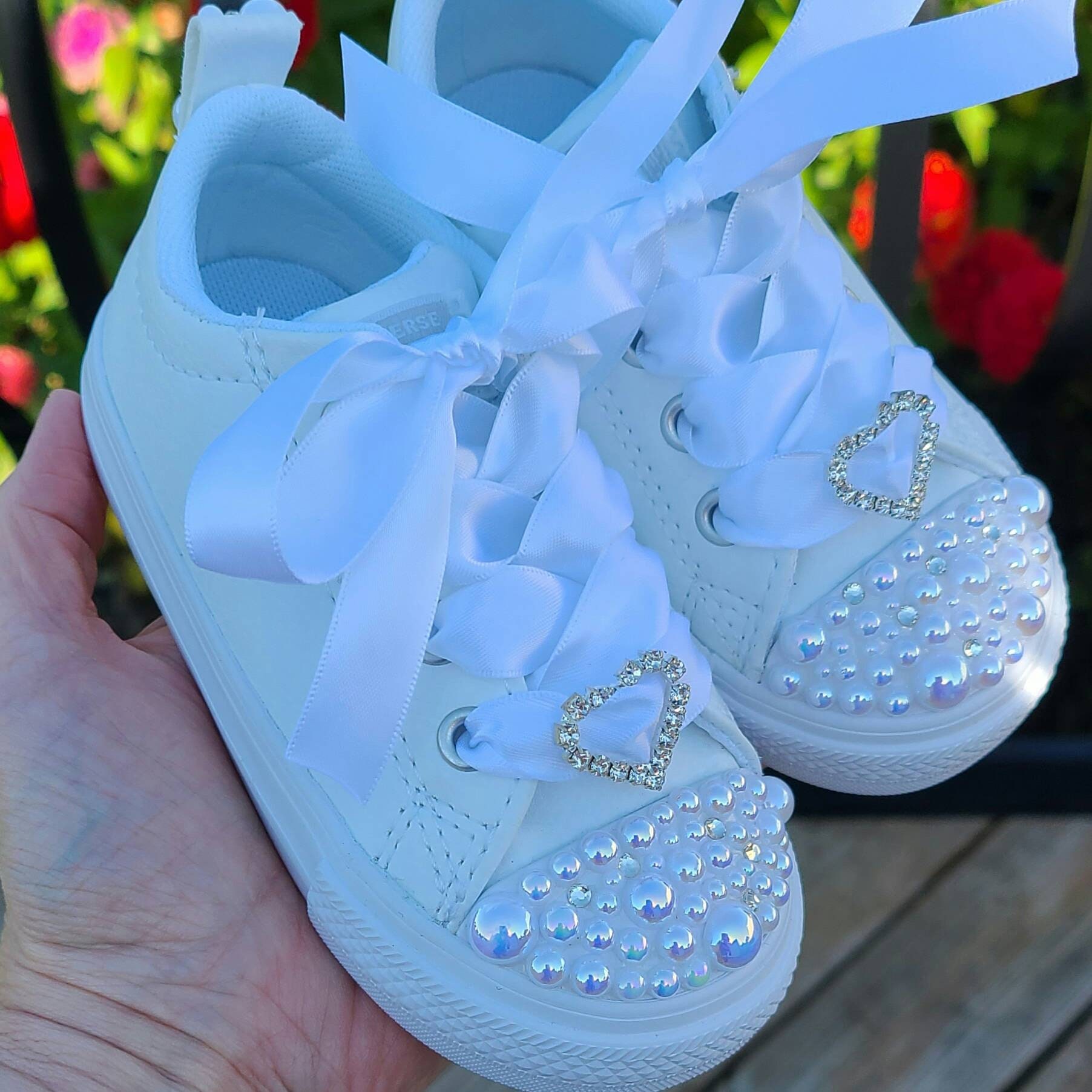Personalized All White Converse Baby Toddler Girls Converse Sneakers With Pearls and Crystals Bling Converses Flower Girl Shoes Etsy