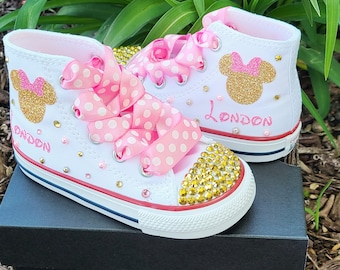 Pink and Gold Minnie Mouse Converse, High Top Sneakers, Minnie Mouse Shoes, Toddler sizes, Pearls and Crystals, Personalized Name, Glitter