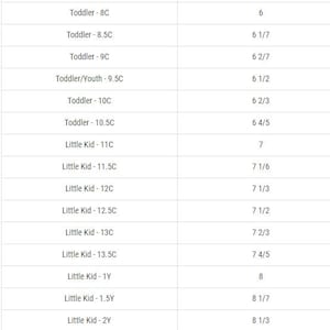May include: A white chart displaying shoe size conversions for toddlers and little kids. The chart includes sizes from Toddler 8C to Little Kid 2Y, with corresponding numerical sizes ranging from 6 to 8 1/3.