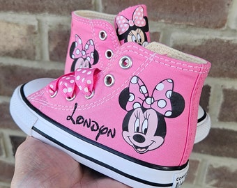 Custom Minnie Mouse Converse For Baby Toddler Girl, Pink High Top Minnie Mouse Converse