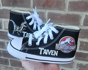 Custom Jurassic Park Converse, Personalized Jurassic Park Shoes For Kids, Dinosaur Converse