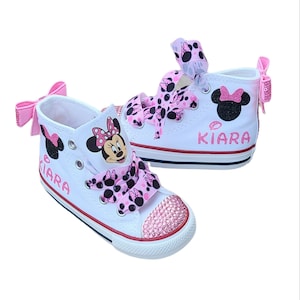 Custom Minnie Mouse Converse, Personalized Minnie Mouse Converse, Pink Black Minnie Bling Out Sneakers, Baby Toddler Girl Bling Minnie Shoes