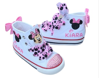 Custom Minnie Mouse Converse, Personalized Minnie Mouse Converse, Pink Black Minnie Bling Out Sneakers, Baby Toddler Girl Bling Minnie Shoes