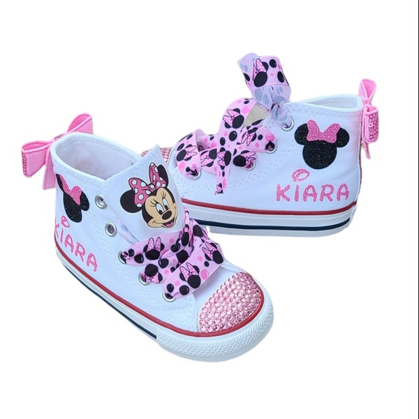 Custom Minnie Mouse Converse, Personalized Minnie Mouse Converse, Pink Black Minnie Bling Out Sneakers, Baby Toddler Girl Bling Minnie Shoes