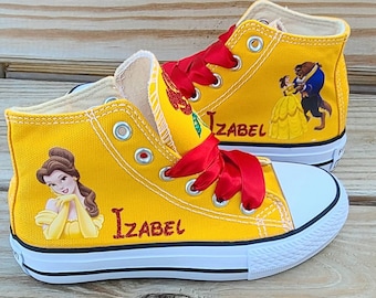 Custom Beauty and the Beast Sneakers Yellow High Top Belle Shoes Glitter Name and Rose Red Satin Laces Kids Sizes Only