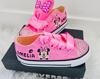 Custom Minnie Mouse Converse, Low Top Pink Converse With Bling, Pink Crystals, Personalized Name Shoes, Baby Toddler Girls