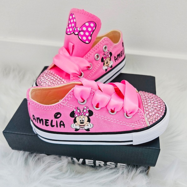 Custom Minnie Mouse Converse, Low Top Pink Converse With Bling, Pink Crystals, Personalized Name Shoes, Baby Toddler Girls