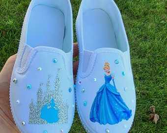 Cinderella Shoes, Bling Crystals, Personalized Name, Toddler, Little Girls, Big Girls Sizes, White Slip On Sneakers