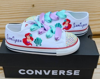 Custom Mermaid Converse, The Little Mermaid Bling Converse, Personalized Ariel Low Tops