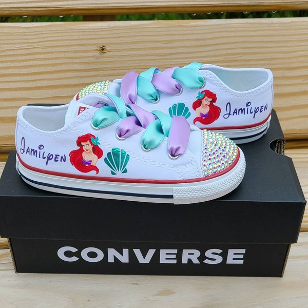 Custom Mermaid Converse, The Little Mermaid Bling Converse, Personalized Ariel Low Tops