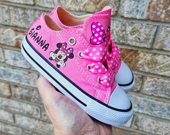 Custom Pink Low Top Minnie Mouse Converse For Girls, Personalized Baby Toddler Girl Converses