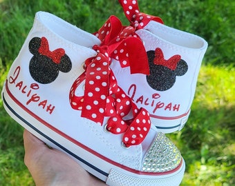 Glitter Minnie Mouse Converse Custom High Top Sneakers with Red Polka Dot Ribbon