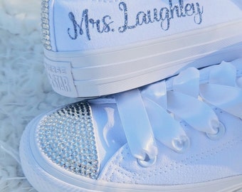 Wedding Converse, All White, Personalized Name, Choose Glitter color,  No Stripes, Satin Laces, Crystals Option or Pearls, Genuine Converse