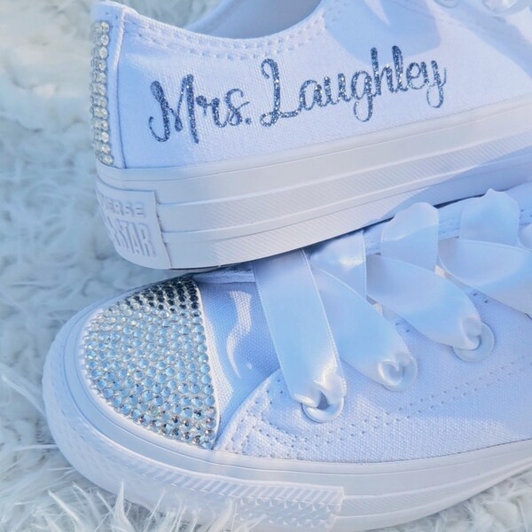 Wedding Converse, All White, Personalized Name, Choose Glitter color,  No Stripes, Satin Laces, Crystals Option or Pearls, Genuine Converse