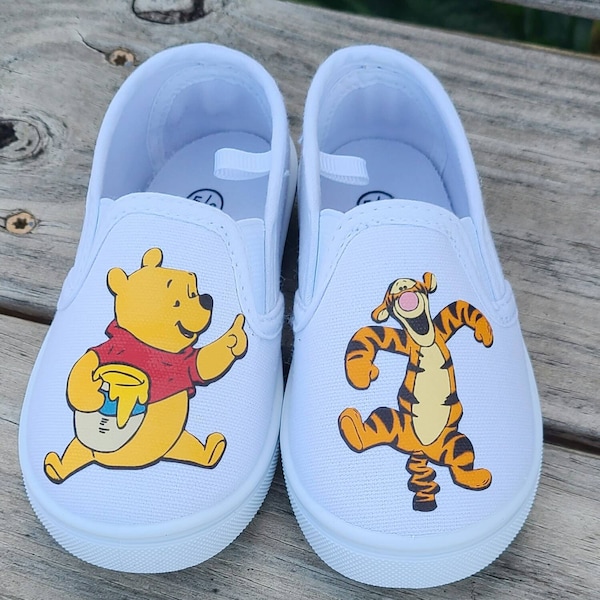 Winnie the Pooh Shoes, Tigger, Toddler Sizes, White Slip on Sneakers, Personalized Name