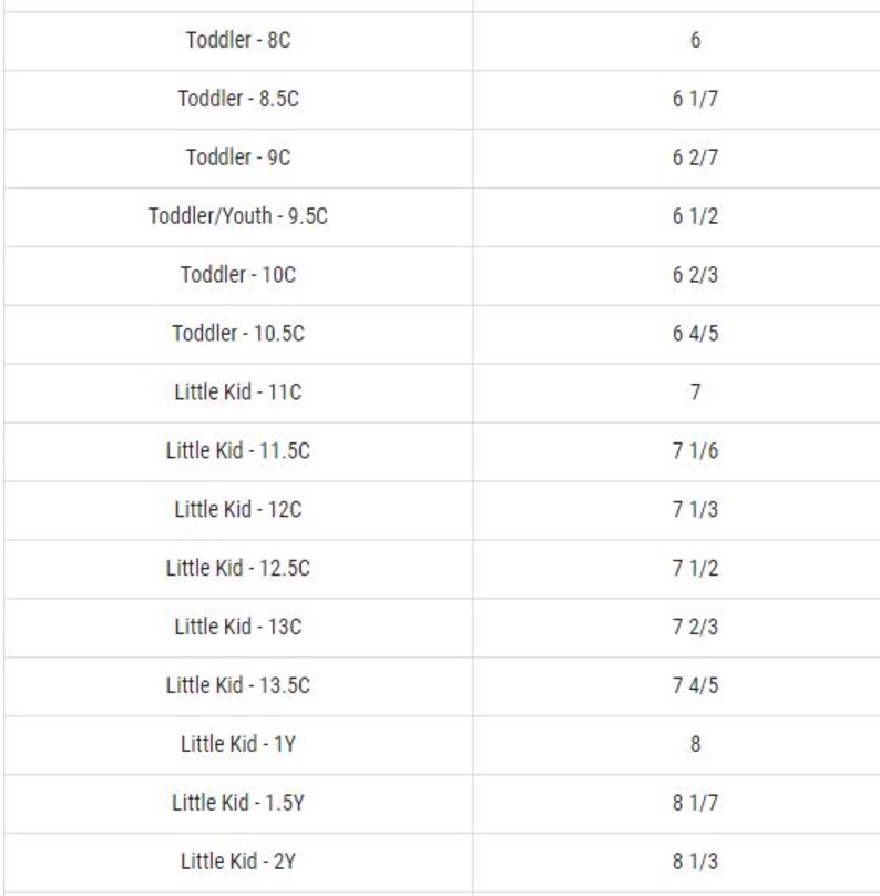May include: A white table with black text showing a shoe size conversion chart. The left column lists sizes from Toddler 8C to Little Kid 2Y, and the right column lists corresponding numerical values ranging from 6 to 8 1/3 in a two-column grid format.