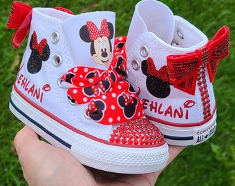 Custom Minnie Mouse Converse For Baby Toddler White High Top Minnie Converse Personalized Red Bling Minnie Shoes