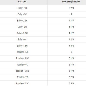 May include: A chart showing US shoe sizes for babies and toddlers, with corresponding foot length measurements in inches.