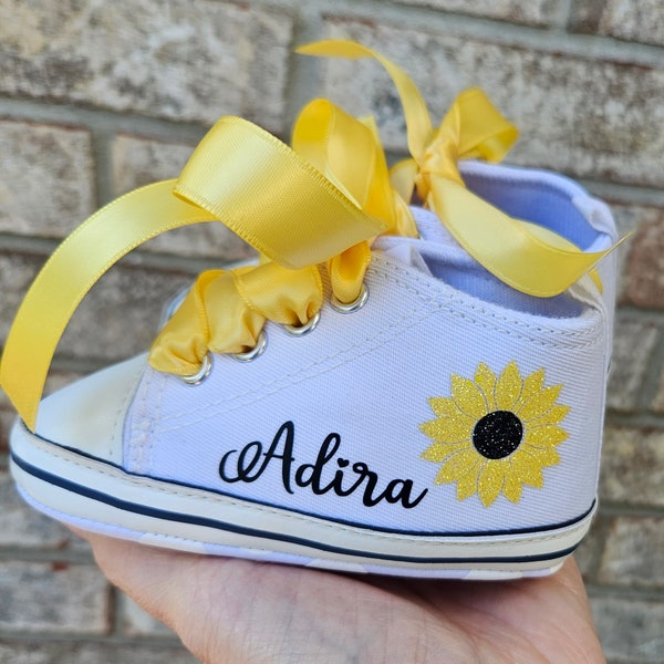 Personalized Baby Shoes Sunflower . Custom Sunflower Infant Sneakers . Many Colors and Sizes . Shoes For Baby Shower Gift . New Baby Present