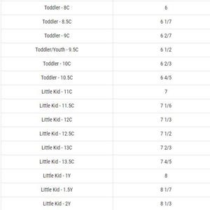 May include: A chart showing shoe sizes for toddlers and little kids. The chart lists sizes from 8C to 2Y and the corresponding shoe size in US sizing.