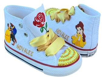 Belle Converse, Beauty and the Beast Shoes, High Top Sneakers, Many Sizes, Bling Crystals, Personalized Name, Glitter Rose