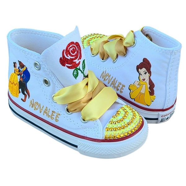 Belle Converse, Beauty and the Beast Shoes, High Top Sneakers, Many Sizes, Bling Crystals, Personalized Name, Glitter Rose