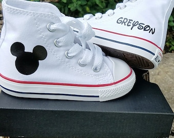 Boys Converse, White High Tops, Chuck Taylors, Mickey Mouse, Name, Personalized, Baby Toddler, Big Kids, Black Laces