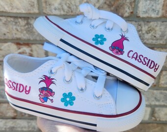 Poppy Trolls Converse, Low Top Sneakers, girls Shoes, Personalized Name, Glitter Flower