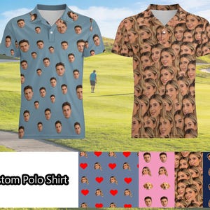 Könnte beinhalten: Zwei individuelle Poloshirts mit einem sich wiederholenden Gesichtsmuster. Ein Hemd ist hellblau mit einem männlichen Gesichtsmuster, das andere ist beige mit einem weiblichen Gesichtsmuster. Die Hemden haben einen Kragen und einen Knopfverschluss. Der Text "Custom Polo Shirt" wird auf weißem Hintergrund angezeigt.