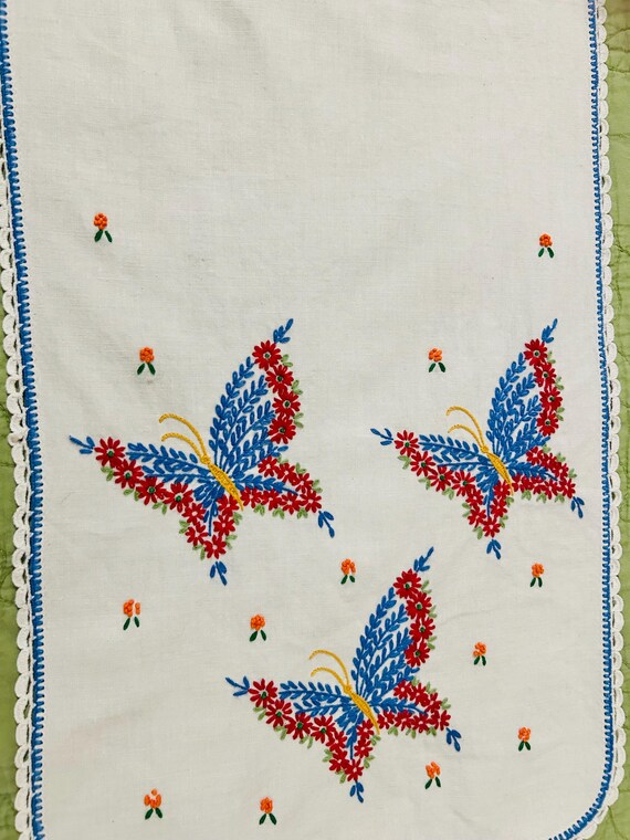 vintage embroidered dresser scarves 2 Vintage Embroidered Dresser Scarves...Peacock Sitting on A Branch & Fish  and S