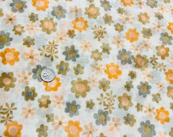 Vintage 70s Cotton Voile Fabric Floral Orange Taupe Yellow Ivory 3yd x 45 New