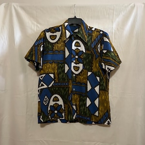 Vintage 60s Barkcloth Hawaiian Shirt Tribal Men’s Medium