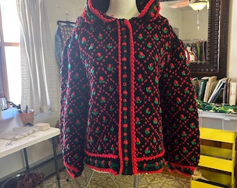 Hand Knit 60s Hoodie Cardigan Sweater with Embroidery S Womens