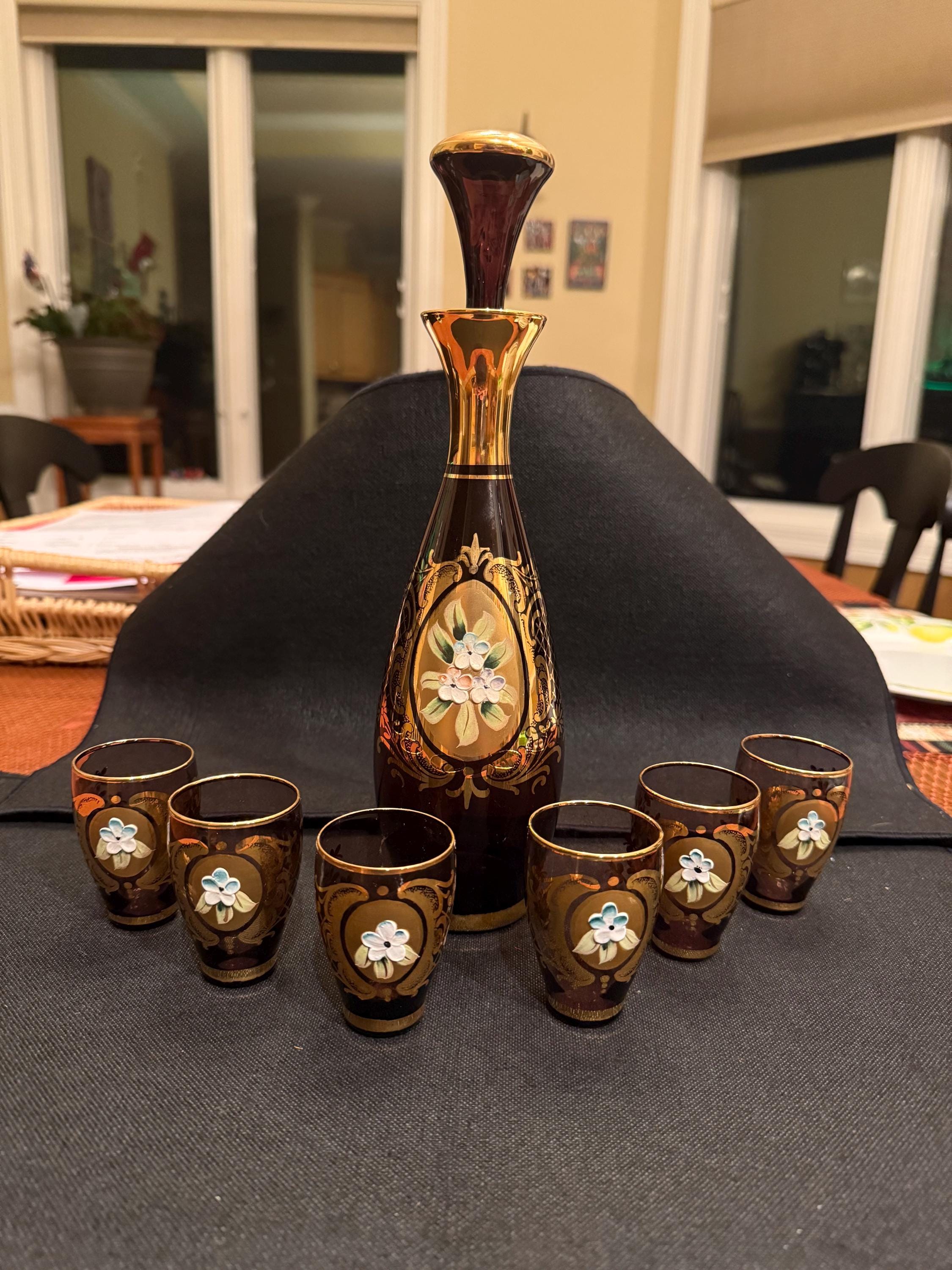 Hand Painted Ruby Red and Gold Venetian Murano Decanter Set - Etsy