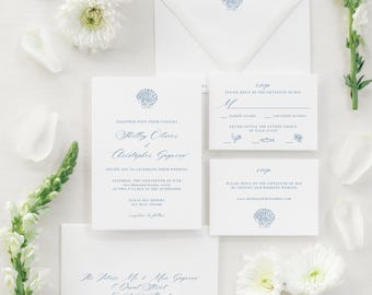 Coastal Wedding Invitation & RSVP Template Set | Editable Canva Mini Suite with Envelope Design | Beach Seashell Inspired