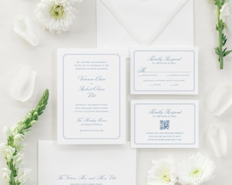 Elegant Blue Border Wedding Invitation & RSVP Template Set | Editable Canva Mini Suite with Envelope Design | Printable Fine Art Stationery